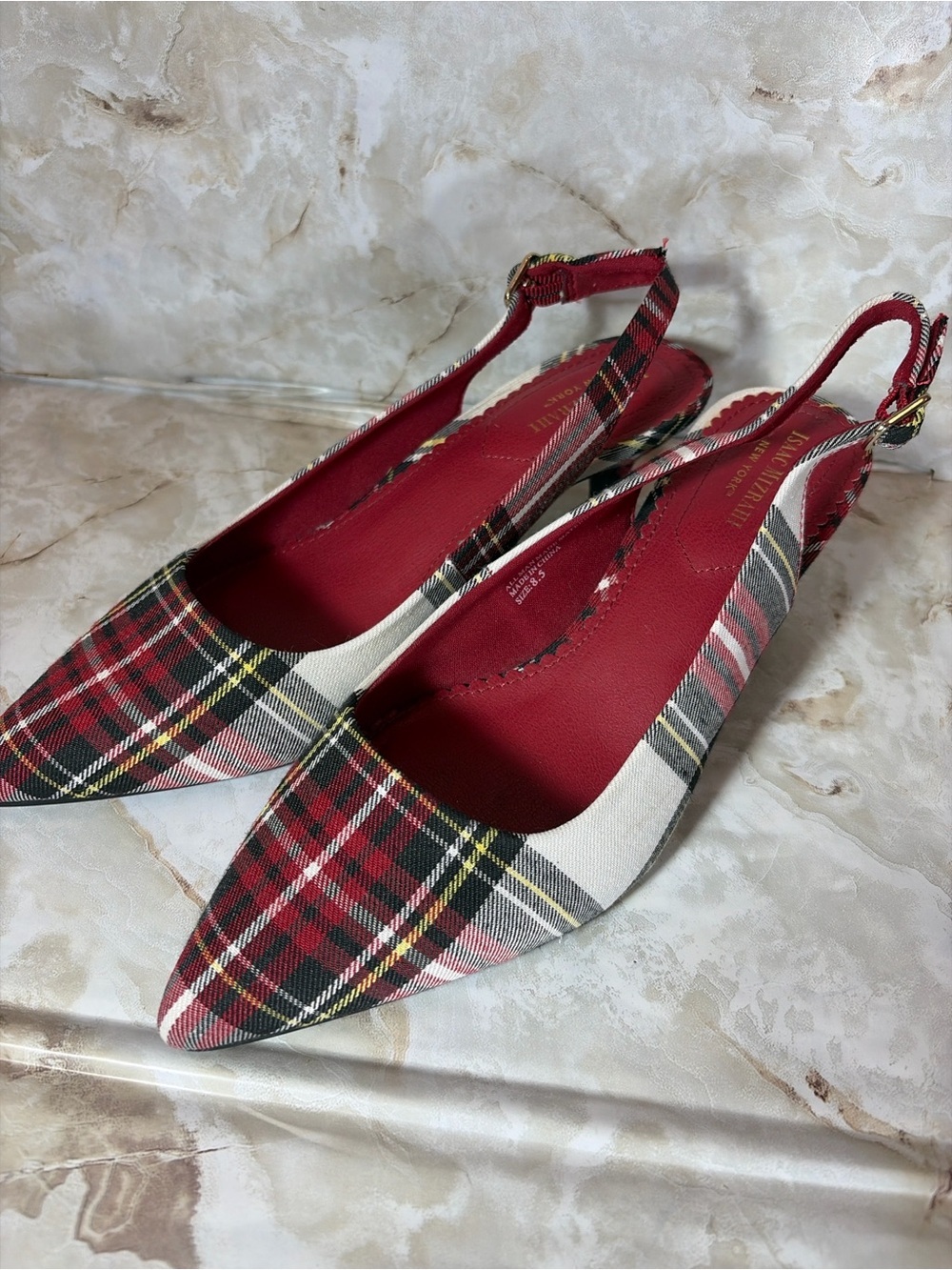 Isaac Mizrahi New York Plaid Slingback Heels Size 8.5 Red Tartan - Picture 4 of 5
